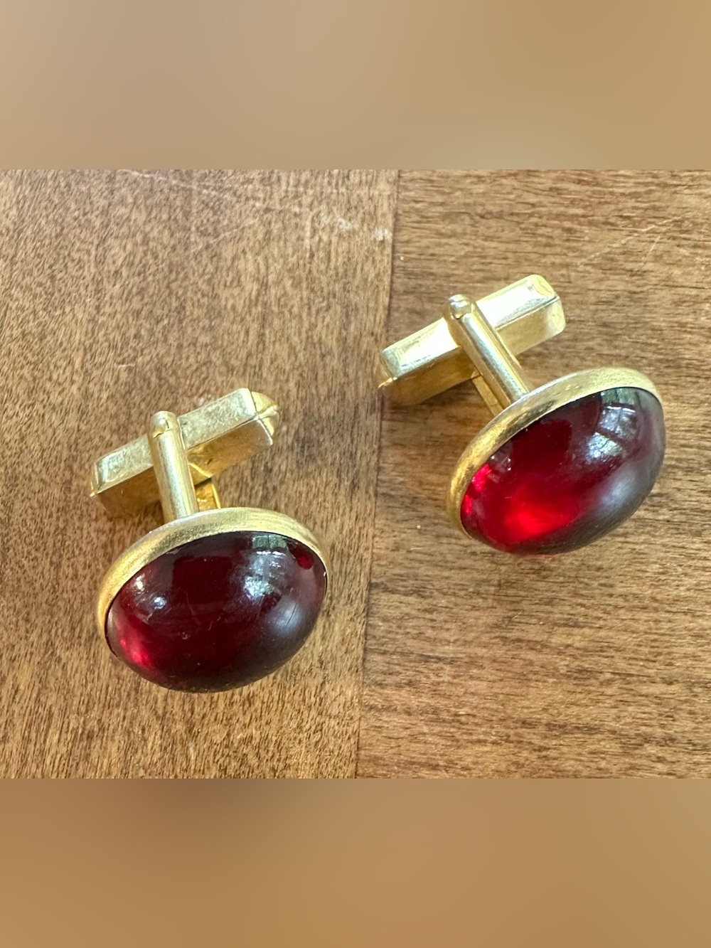Gold-Tone Cufflinks with Deep Red Resin Cabochon